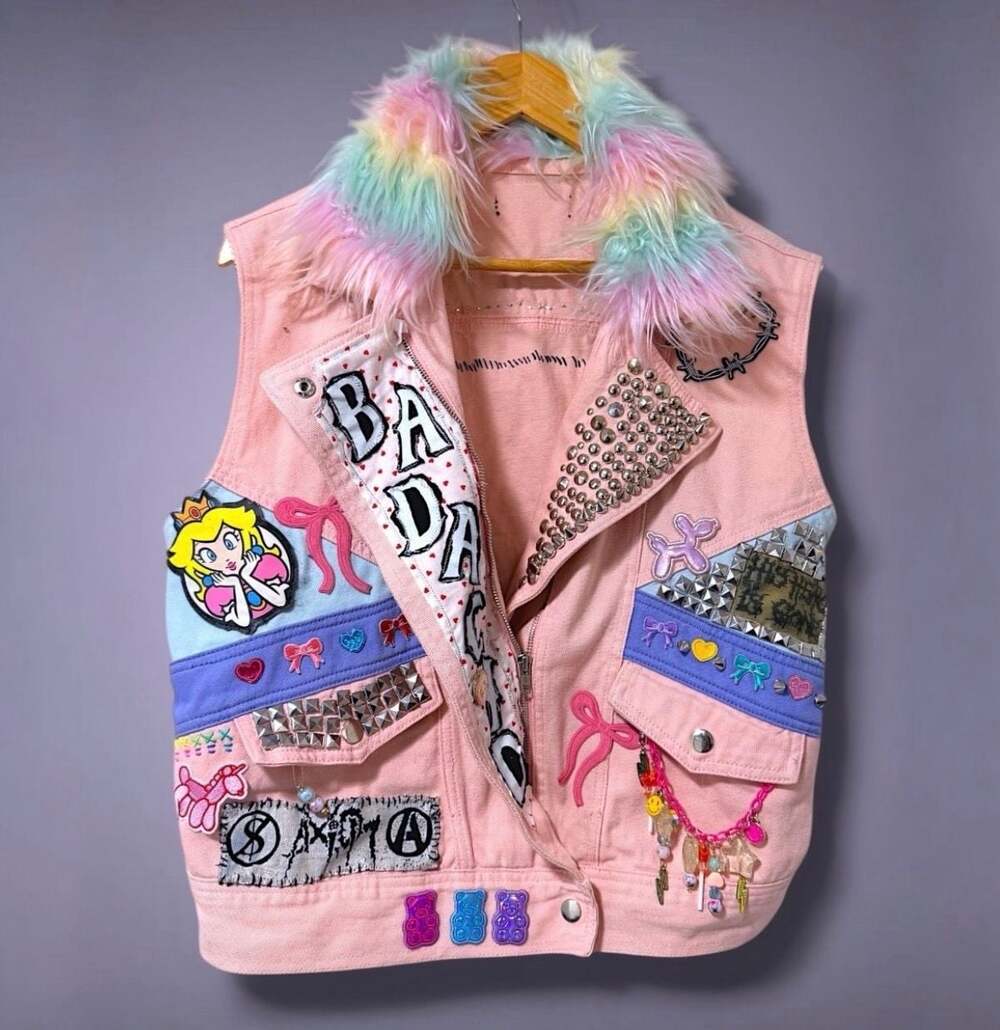 Custom Embellished Pink Denim Battle Vest with Rainbow Faux Fur Collar and Patch